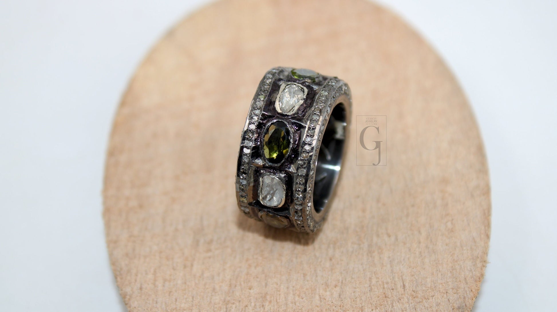 Green Tourmaline And Polki Flat Diamond Ring Band Design Rosecut Pave Diamond Rings 925 Sterling Silver Handmade Silver Finish Diamond Ring