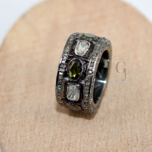 Green Tourmaline And Polki Flat Diamond Ring Band Design Rosecut Pave Diamond Rings 925 Sterling Silver Handmade Silver Finish Diamond Ring