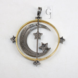 Spinning Moon And Star Pendant Designer Rosecut Pave Diamond Pendant Sterling 925 Silver Handmade Finish Diamond Charms Necklace Pendant