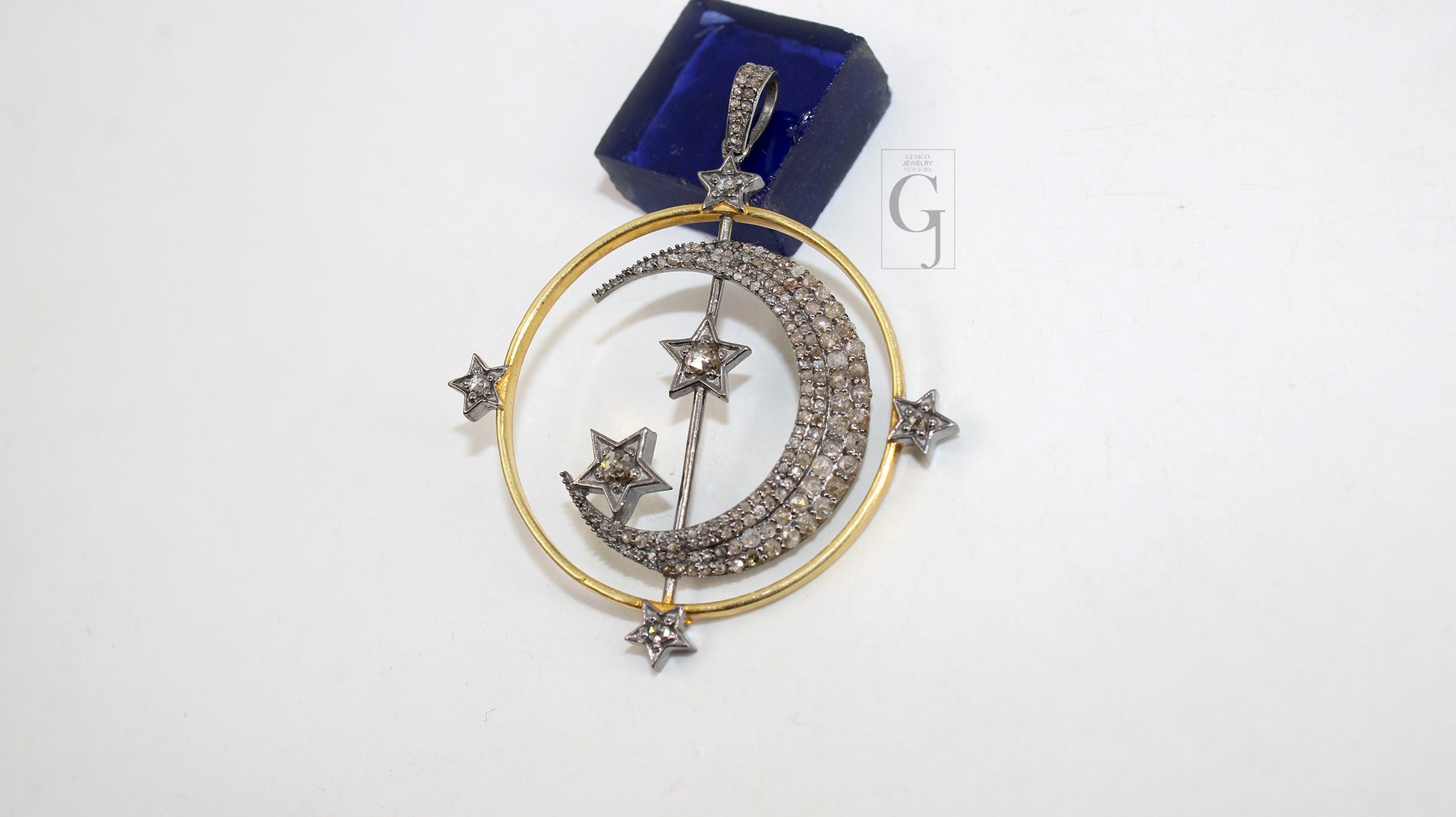 Spinning Moon And Star Pendant Designer Rosecut Pave Diamond Pendant Sterling 925 Silver Handmade Finish Diamond Charms Necklace Pendant