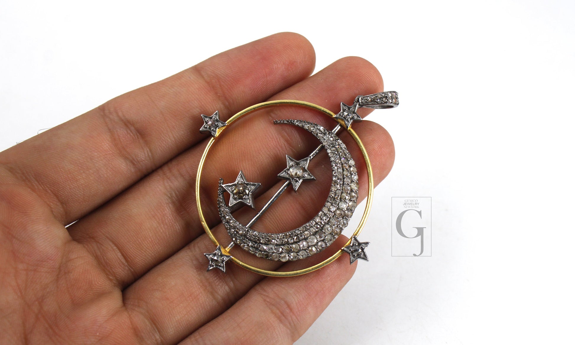 Spinning Moon And Star Pendant Designer Rosecut Pave Diamond Pendant Sterling 925 Silver Handmade Finish Diamond Charms Necklace Pendant