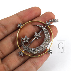 Spinning Moon And Star Pendant Designer Rosecut Pave Diamond Pendant Sterling 925 Silver Handmade Finish Diamond Charms Necklace Pendant