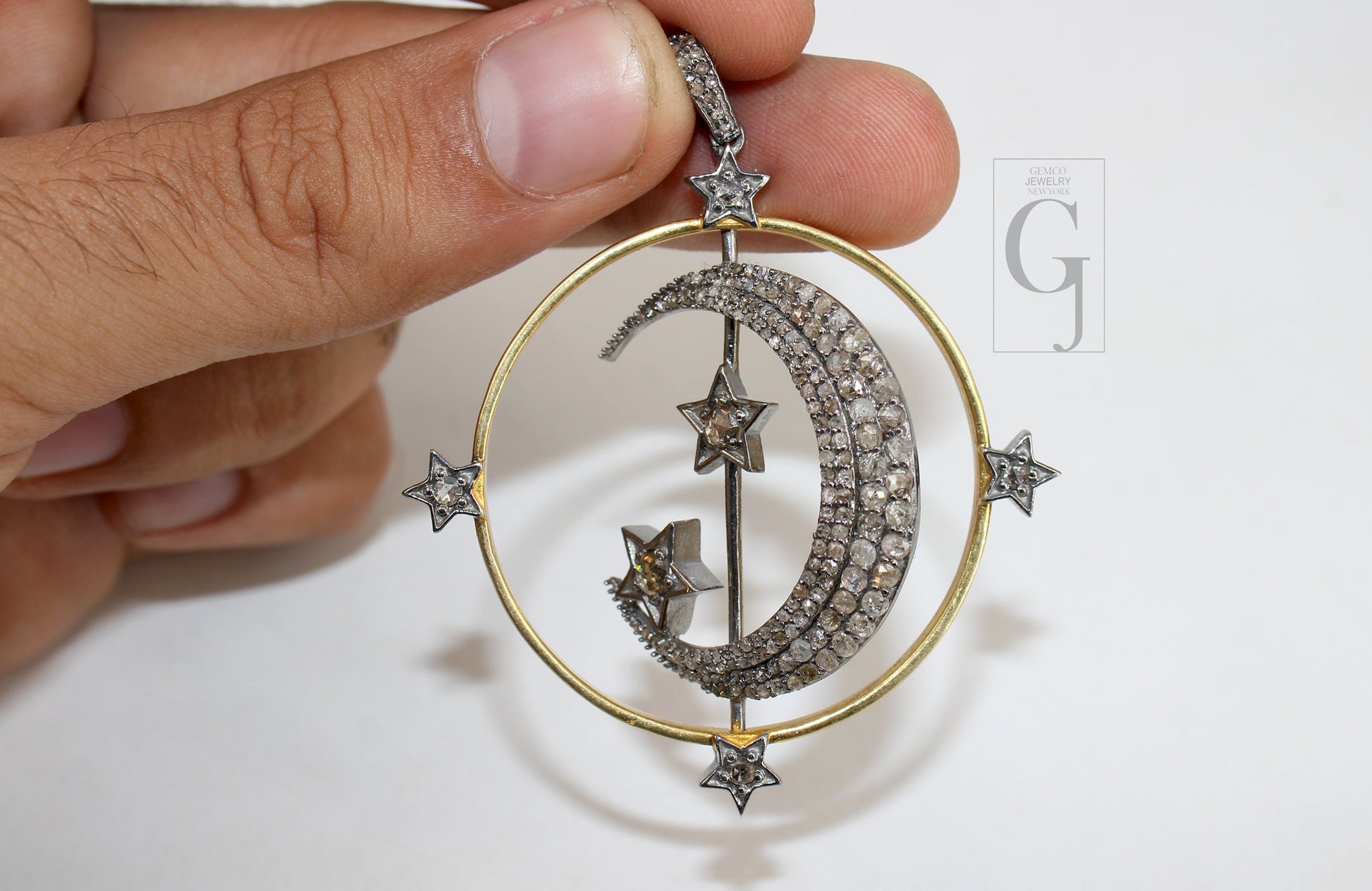 Spinning Moon And Star Pendant Designer Rosecut Pave Diamond Pendant Sterling 925 Silver Handmade Finish Diamond Charms Necklace Pendant