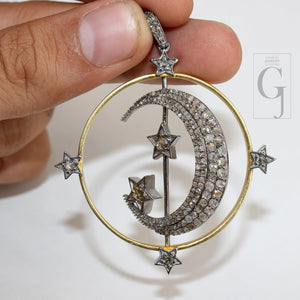 Spinning Moon And Star Pendant Designer Rosecut Pave Diamond Pendant Sterling 925 Silver Handmade Finish Diamond Charms Necklace Pendant