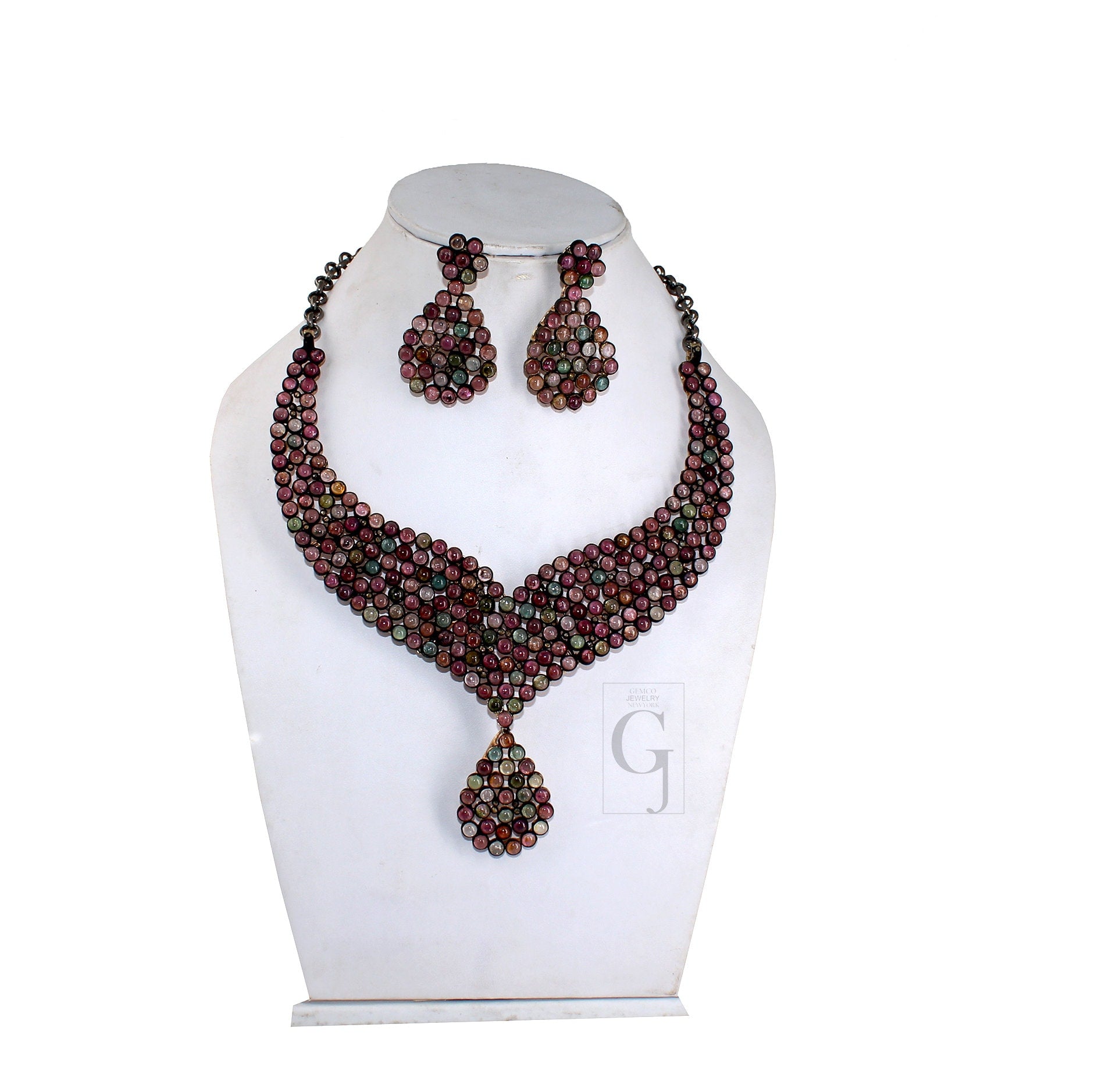 Beautiful Multi Tourmaline Necklace Earring Set Rosecut Pave Diamond Necklace Handmade 925 Sterling Silver Finish Diamond Necklace Earring