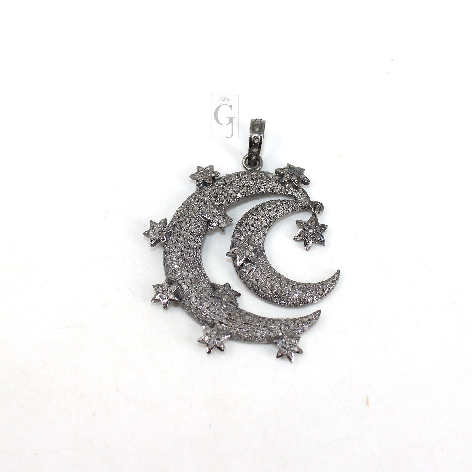 Antique Crescent Moon Star Pendant Designer Rosecut Pave Diamond Pendant 925 Sterling Silver Handmade Finish Design Diamond Jewelry Necklace