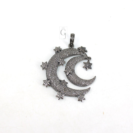 Antique Crescent Moon Star Pendant Designer Rosecut Pave Diamond Pendant 925 Sterling Silver Handmade Finish Design Diamond Jewelry Necklace
