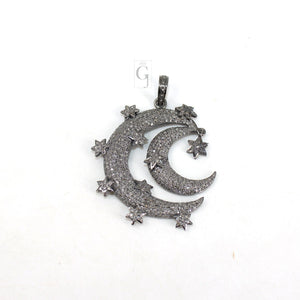 Antique Crescent Moon Star Pendant Designer Rosecut Pave Diamond Pendant 925 Sterling Silver Handmade Finish Design Diamond Jewelry Necklace