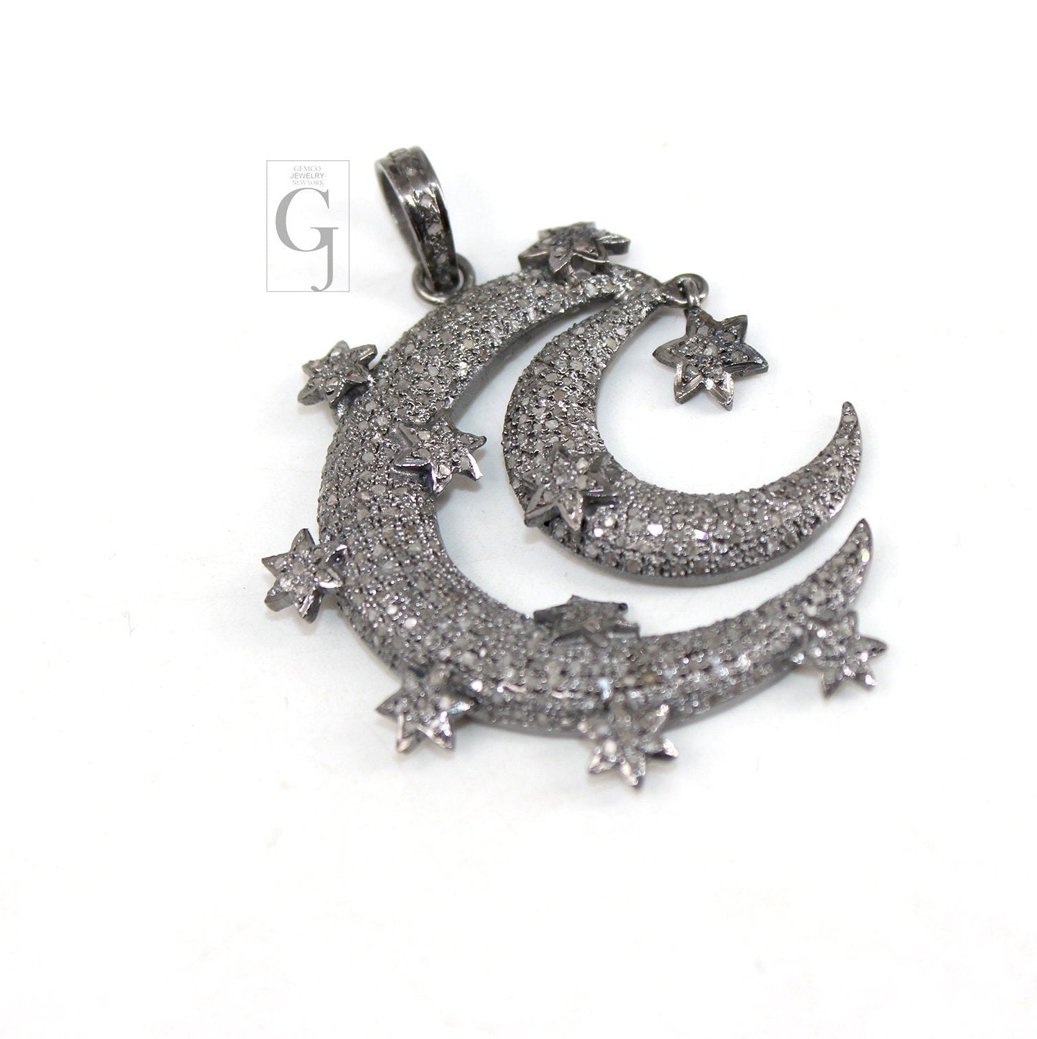 Antique Crescent Moon Star Pendant Designer Rosecut Pave Diamond Pendant 925 Sterling Silver Handmade Finish Design Diamond Jewelry Necklace