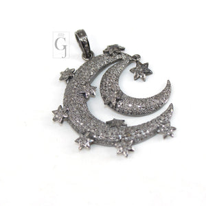 Antique Crescent Moon Star Pendant Designer Rosecut Pave Diamond Pendant 925 Sterling Silver Handmade Finish Design Diamond Jewelry Necklace