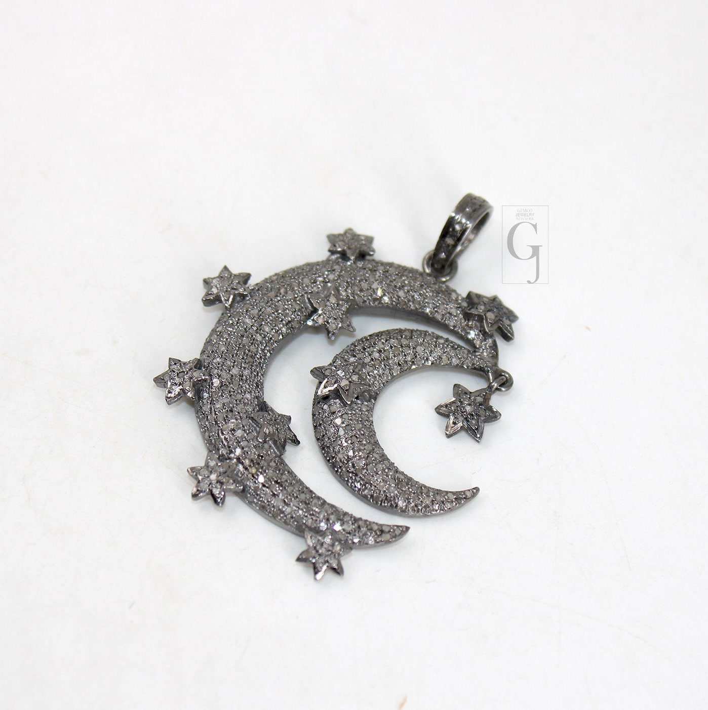 Antique Crescent Moon Star Pendant Designer Rosecut Pave Diamond Pendant 925 Sterling Silver Handmade Finish Design Diamond Jewelry Necklace