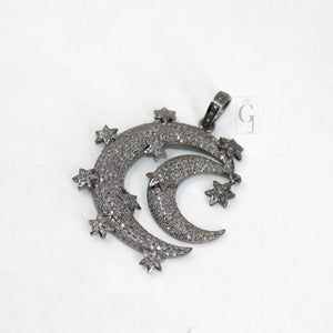 Antique Crescent Moon Star Pendant Designer Rosecut Pave Diamond Pendant 925 Sterling Silver Handmade Finish Design Diamond Jewelry Necklace