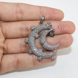 Antique Crescent Moon Star Pendant Designer Rosecut Pave Diamond Pendant 925 Sterling Silver Handmade Finish Design Diamond Jewelry Necklace