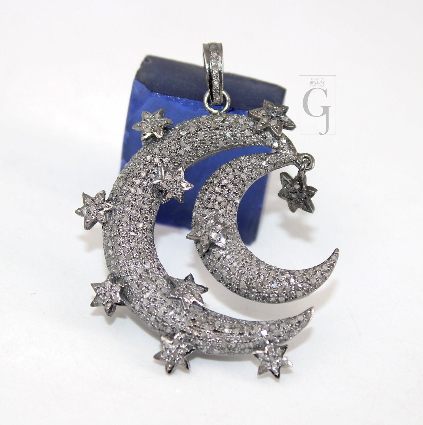Antique Crescent Moon Star Pendant Designer Rosecut Pave Diamond Pendant 925 Sterling Silver Handmade Finish Design Diamond Jewelry Necklace