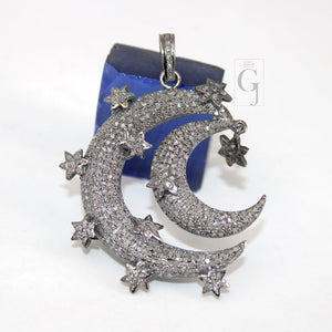 Antique Crescent Moon Star Pendant Designer Rosecut Pave Diamond Pendant 925 Sterling Silver Handmade Finish Design Diamond Jewelry Necklace