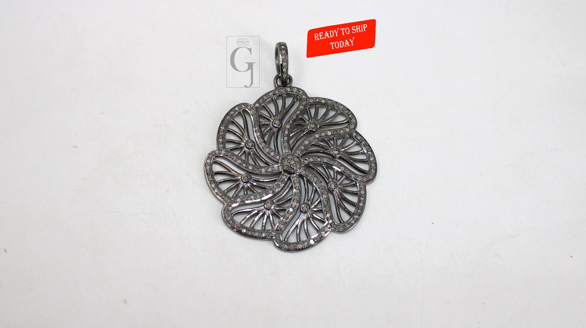 One of a kind flower designer pendant Rosecut pave diamond pendant 925 sterling silver handmade finish diamond jewelry necklace pendant