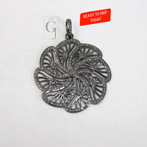 One of a kind flower designer pendant Rosecut pave diamond pendant 925 sterling silver handmade finish diamond jewelry necklace pendant
