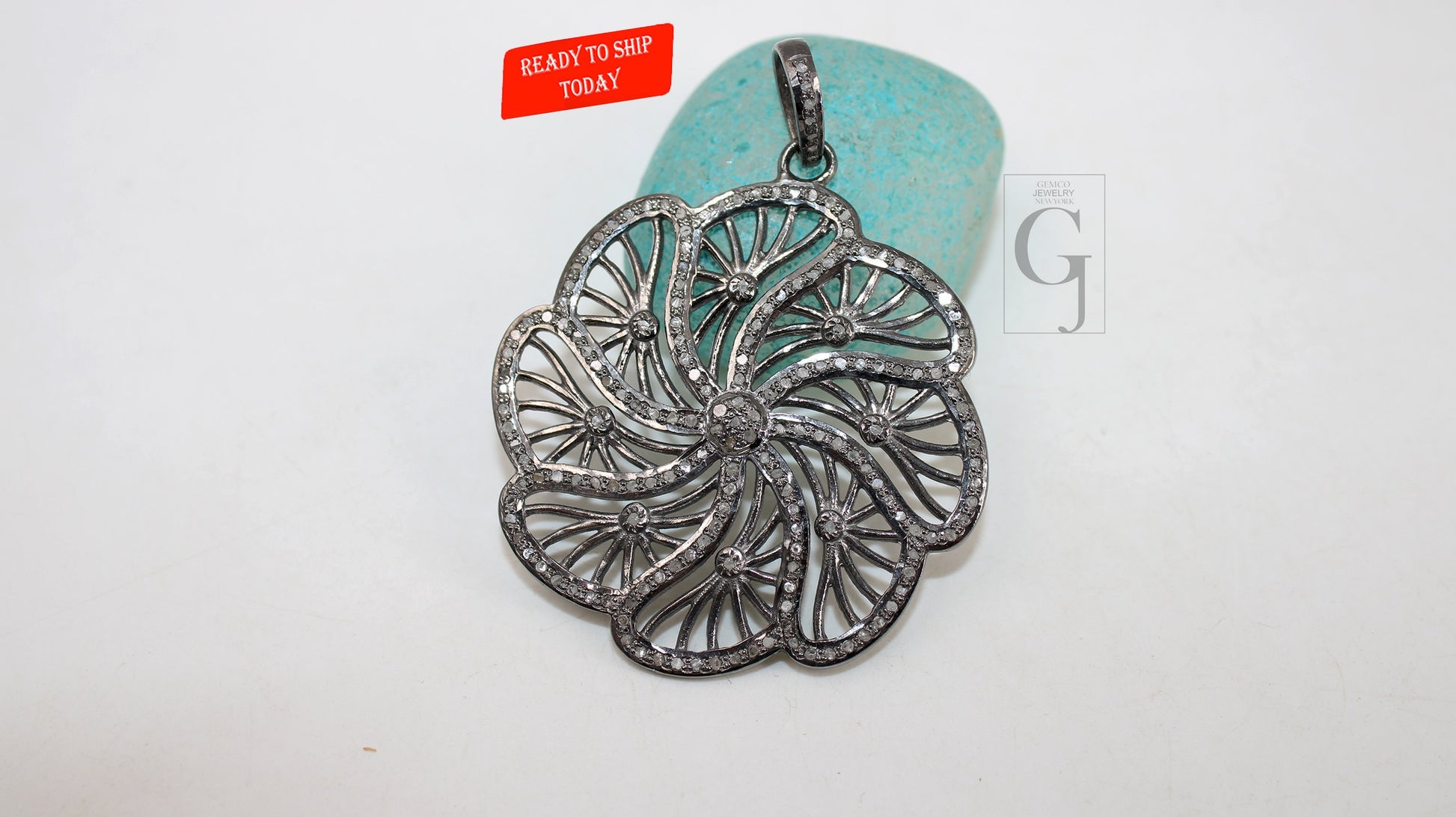 One of a kind flower designer pendant Rosecut pave diamond pendant 925 sterling silver handmade finish diamond jewelry necklace pendant