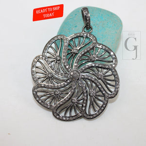 One of a kind flower designer pendant Rosecut pave diamond pendant 925 sterling silver handmade finish diamond jewelry necklace pendant