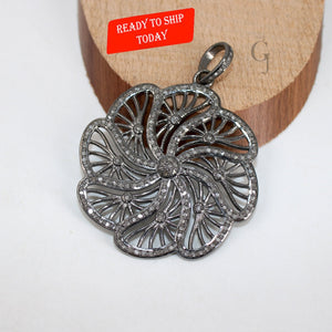 One of a kind flower designer pendant Rosecut pave diamond pendant 925 sterling silver handmade finish diamond jewelry necklace pendant
