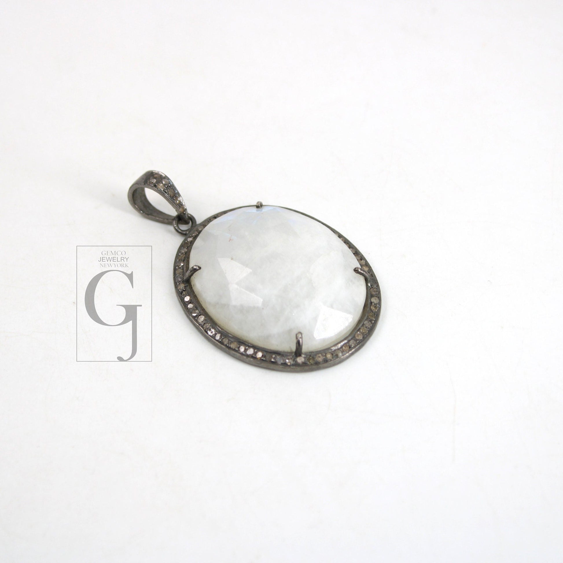 Blue Fire Rainbow Moonstone Pendant Rosecut Pave Diamond Pendant sterling silver handmade finish diamond charms necklace pendant jewelry