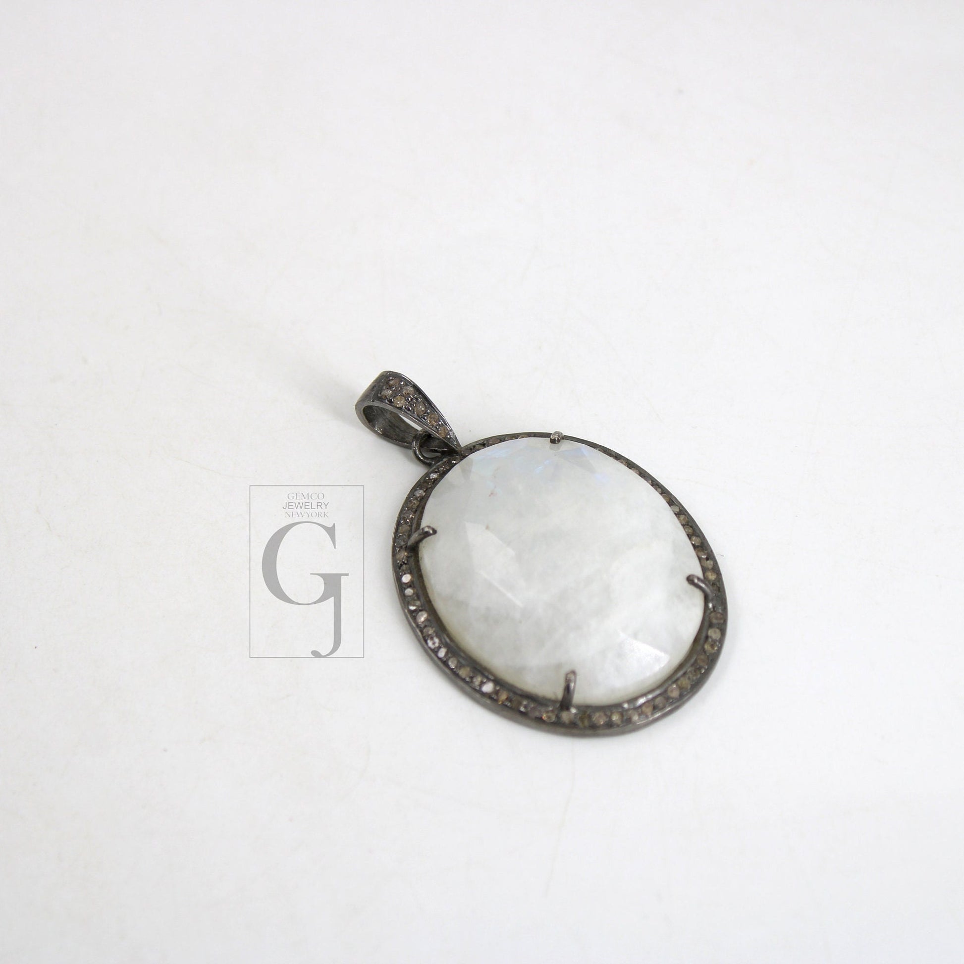 Blue Fire Rainbow Moonstone Pendant Rosecut Pave Diamond Pendant sterling silver handmade finish diamond charms necklace pendant jewelry