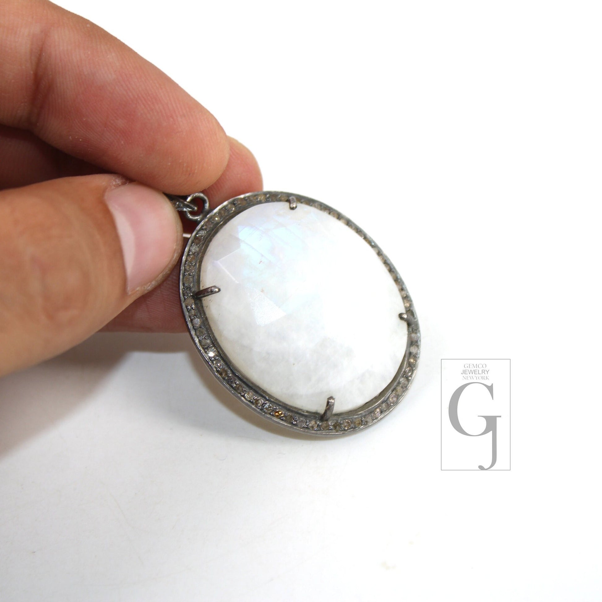 Blue Fire Rainbow Moonstone Pendant Rosecut Pave Diamond Pendant sterling silver handmade finish diamond charms necklace pendant jewelry