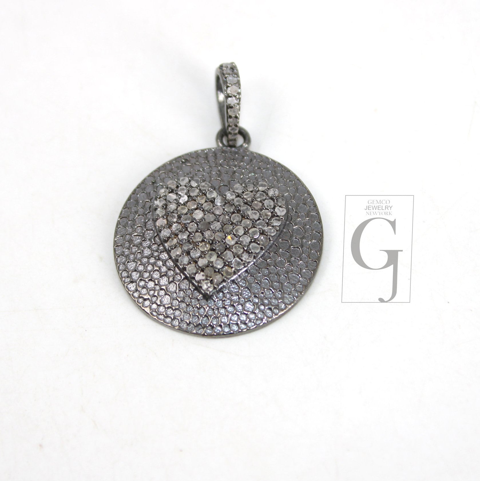 Oxidized look heart pendant designer Rosecut pave diamond pendant sterling 925 silver handmade finish diamond charms necklace pendant