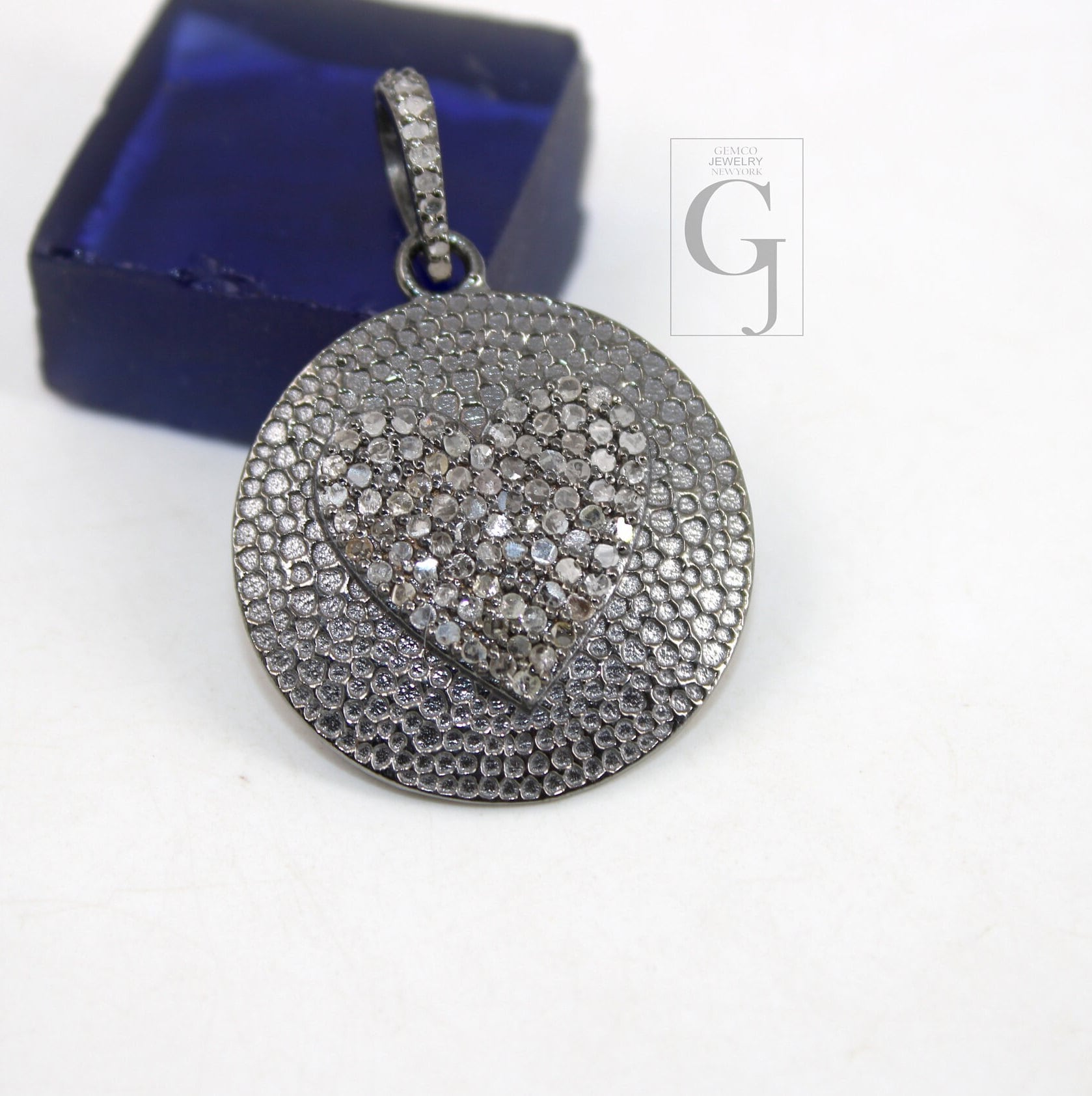 Oxidized look heart pendant designer Rosecut pave diamond pendant sterling 925 silver handmade finish diamond charms necklace pendant