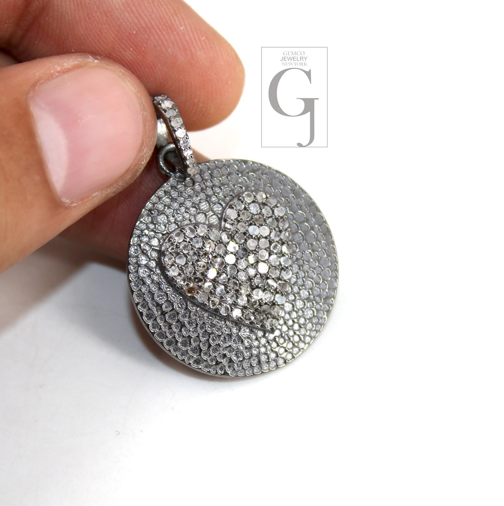 Oxidized look heart pendant designer Rosecut pave diamond pendant sterling 925 silver handmade finish diamond charms necklace pendant