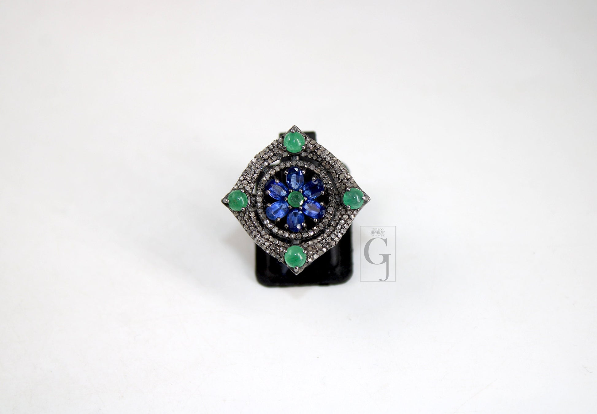 Antique Look Kyanite Green Emerald Ring Designer Rosecut Pave Handmade Diamond Rings 925 Sterling Silver Handmade Silver Finish Diamond Ring