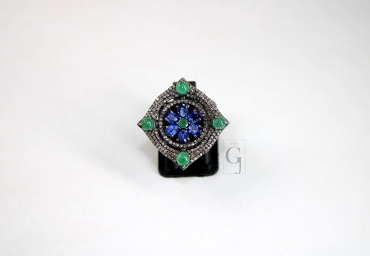 Antique Look Kyanite Green Emerald Ring Designer Rosecut Pave Handmade Diamond Rings 925 Sterling Silver Handmade Silver Finish Diamond Ring