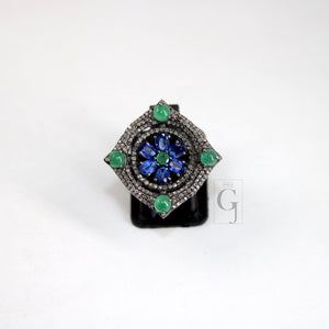 Antique Look Kyanite Green Emerald Ring Designer Rosecut Pave Handmade Diamond Rings 925 Sterling Silver Handmade Silver Finish Diamond Ring