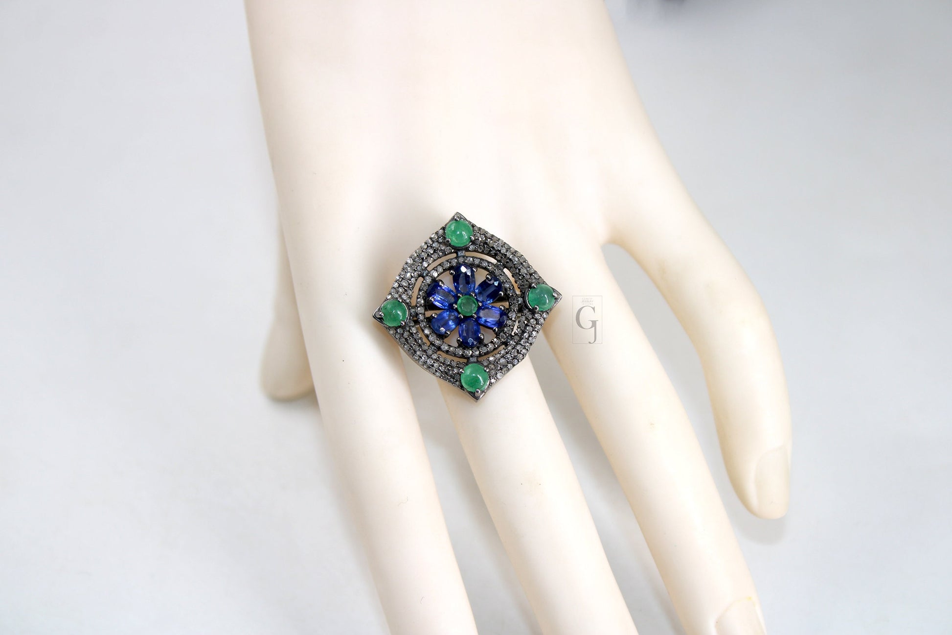 Antique Look Kyanite Green Emerald Ring Designer Rosecut Pave Handmade Diamond Rings 925 Sterling Silver Handmade Silver Finish Diamond Ring