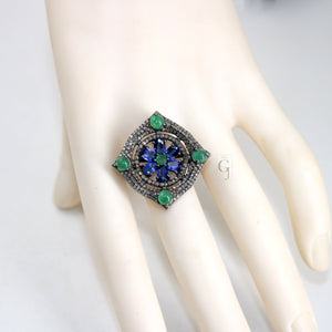 Antique Look Kyanite Green Emerald Ring Designer Rosecut Pave Handmade Diamond Rings 925 Sterling Silver Handmade Silver Finish Diamond Ring