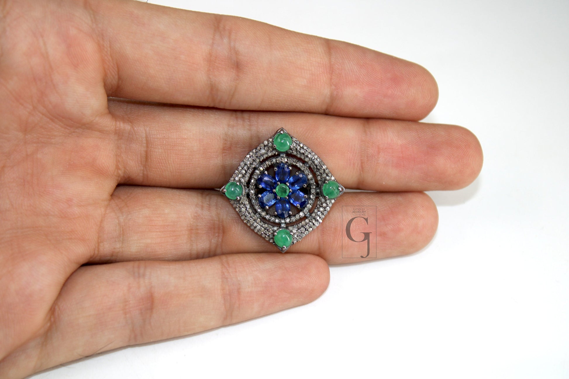 Antique Look Kyanite Green Emerald Ring Designer Rosecut Pave Handmade Diamond Rings 925 Sterling Silver Handmade Silver Finish Diamond Ring