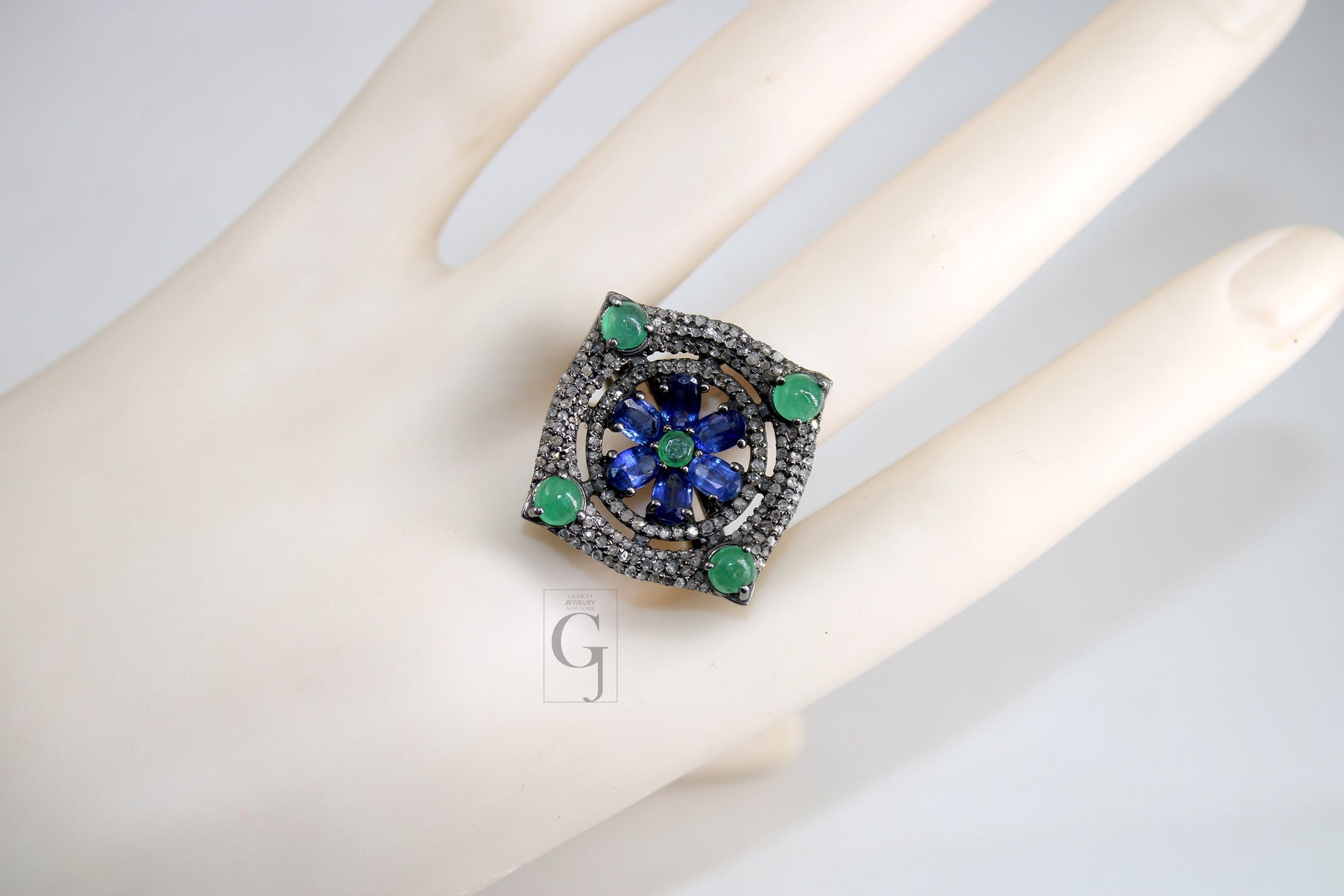 Antique Look Kyanite Green Emerald Ring Designer Rosecut Pave Handmade Diamond Rings 925 Sterling Silver Handmade Silver Finish Diamond Ring