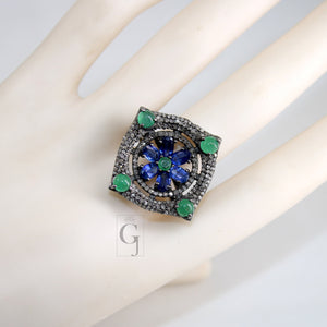 Antique Look Kyanite Green Emerald Ring Designer Rosecut Pave Handmade Diamond Rings 925 Sterling Silver Handmade Silver Finish Diamond Ring