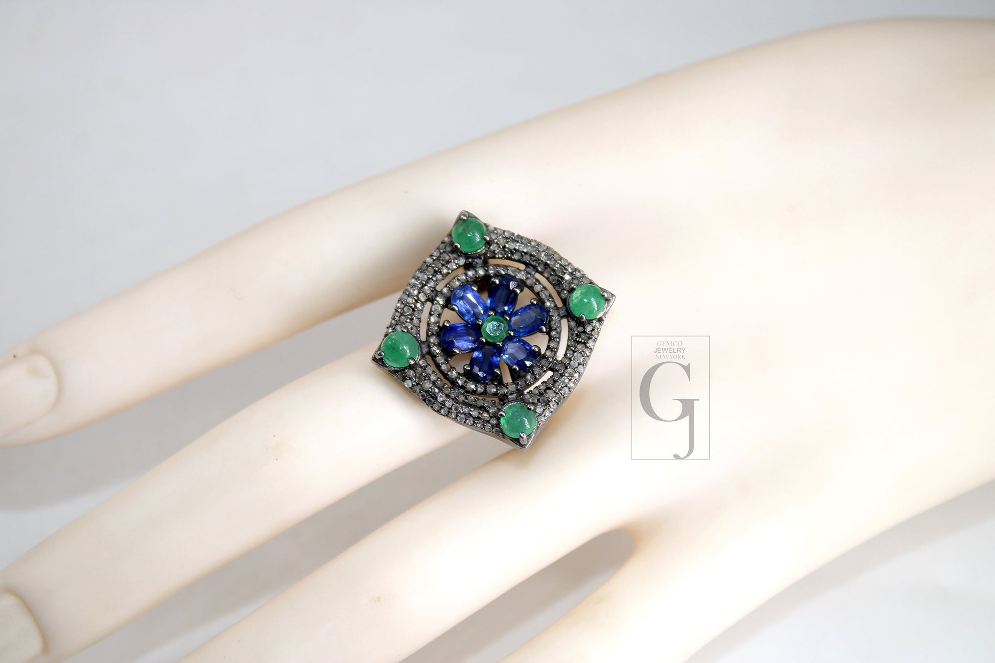 Antique Look Kyanite Green Emerald Ring Designer Rosecut Pave Handmade Diamond Rings 925 Sterling Silver Handmade Silver Finish Diamond Ring