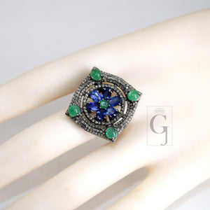 Antique Look Kyanite Green Emerald Ring Designer Rosecut Pave Handmade Diamond Rings 925 Sterling Silver Handmade Silver Finish Diamond Ring