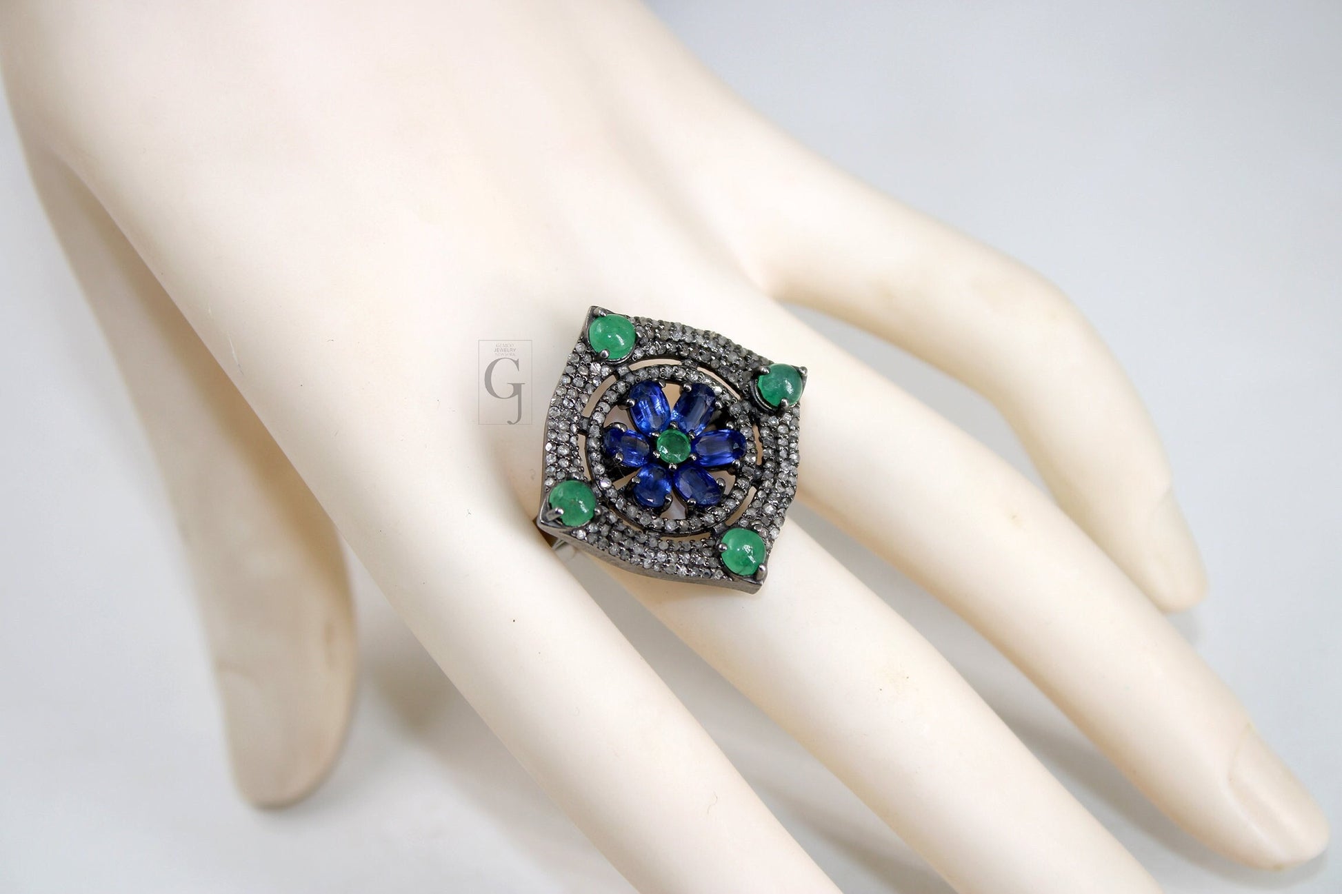 Antique Look Kyanite Green Emerald Ring Designer Rosecut Pave Handmade Diamond Rings 925 Sterling Silver Handmade Silver Finish Diamond Ring