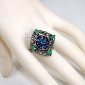 Antique Look Kyanite Green Emerald Ring Designer Rosecut Pave Handmade Diamond Rings 925 Sterling Silver Handmade Silver Finish Diamond Ring