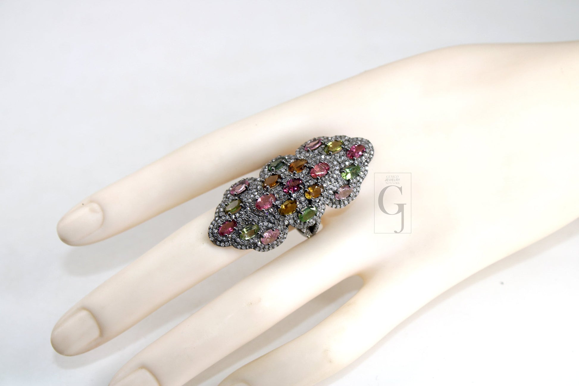 Oxidized finish multi tourmaline ring designer Rosecut pave handmade diamond rings 925 sterling silver handmade silver finish diamond ring