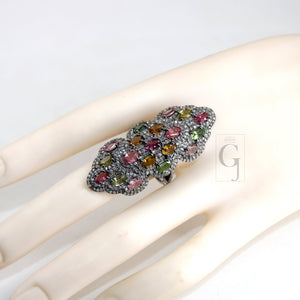 Oxidized finish multi tourmaline ring designer Rosecut pave handmade diamond rings 925 sterling silver handmade silver finish diamond ring