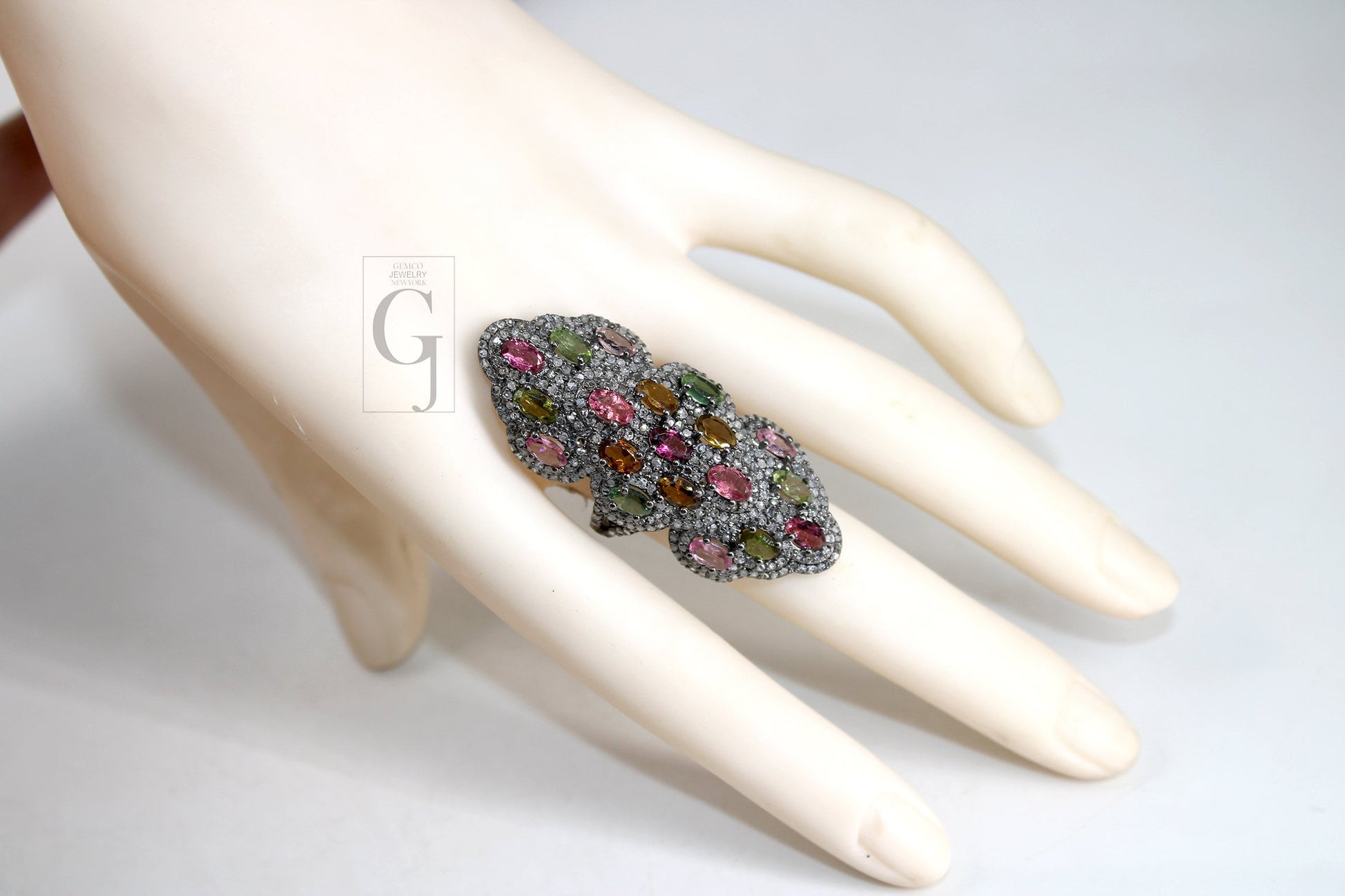 Oxidized finish multi tourmaline ring designer Rosecut pave handmade diamond rings 925 sterling silver handmade silver finish diamond ring