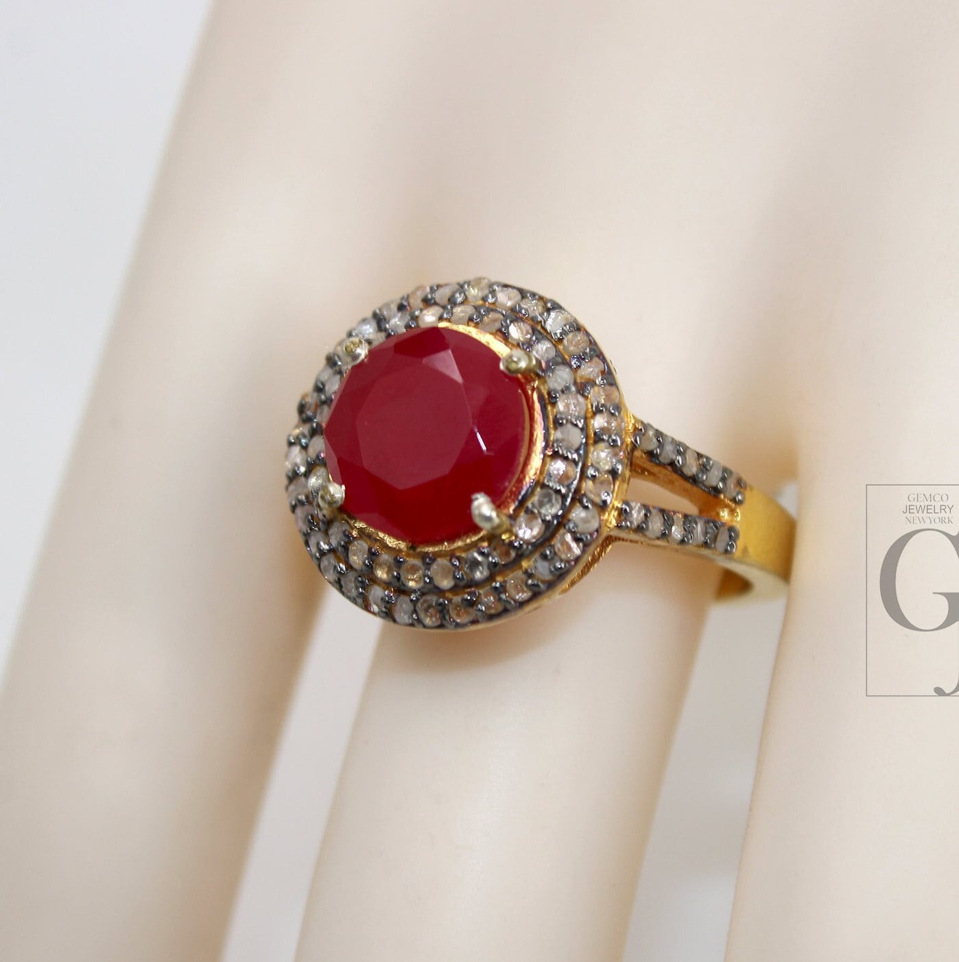 Beautiful 18k Gold Finish 5ct Ruby Ring Designer Rosecut Pave Diamond Rings 925 Sterling Silver Handmade Silver Finish Diamond Ring