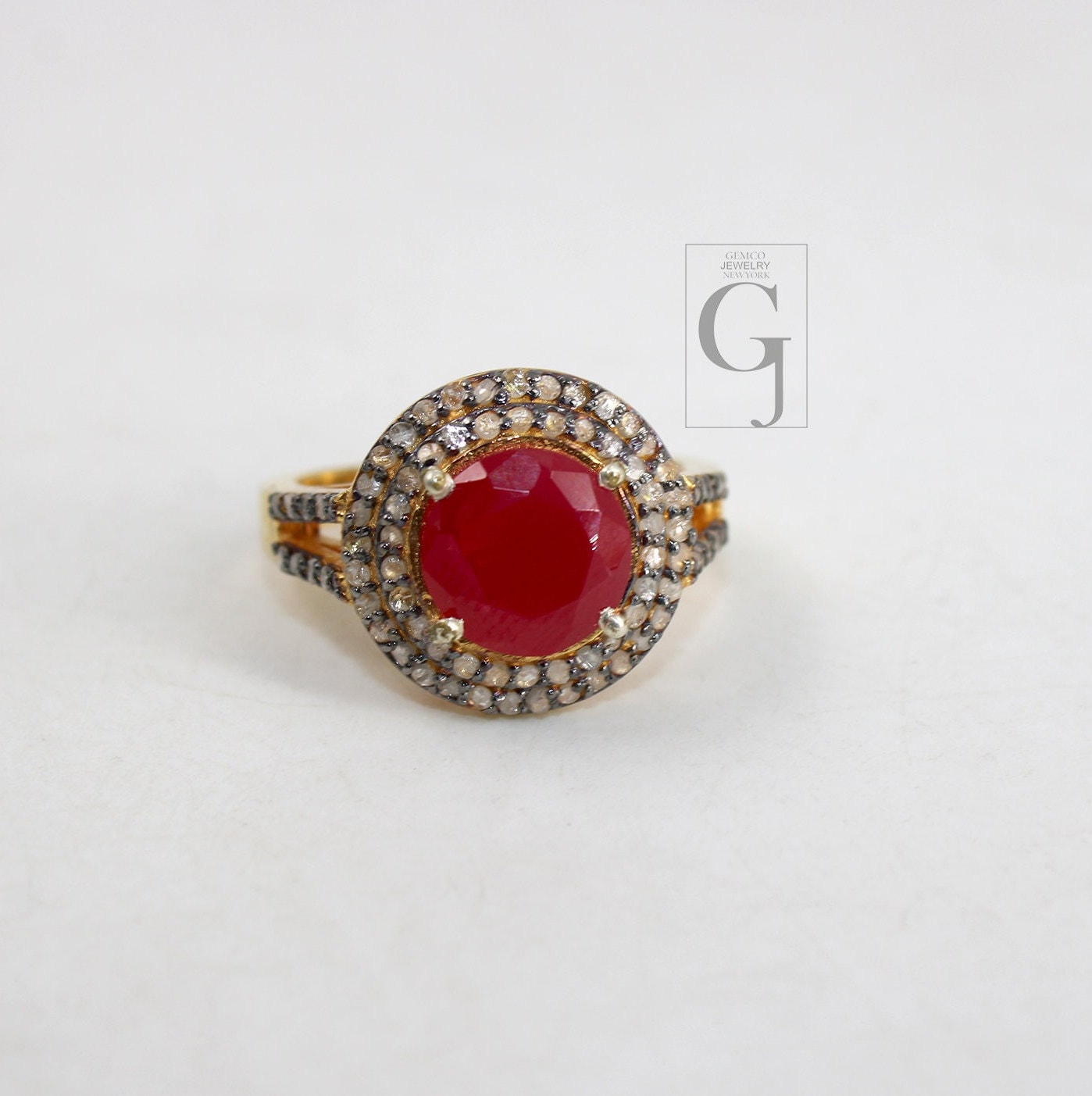 Beautiful 18k Gold Finish 5ct Ruby Ring Designer Rosecut Pave Diamond Rings 925 Sterling Silver Handmade Silver Finish Diamond Ring