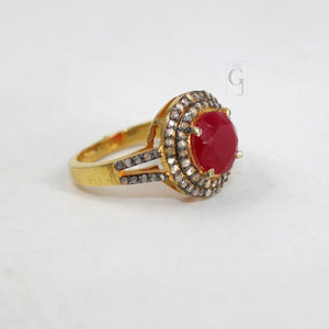 Beautiful 18k Gold Finish 5ct Ruby Ring Designer Rosecut Pave Diamond Rings 925 Sterling Silver Handmade Silver Finish Diamond Ring