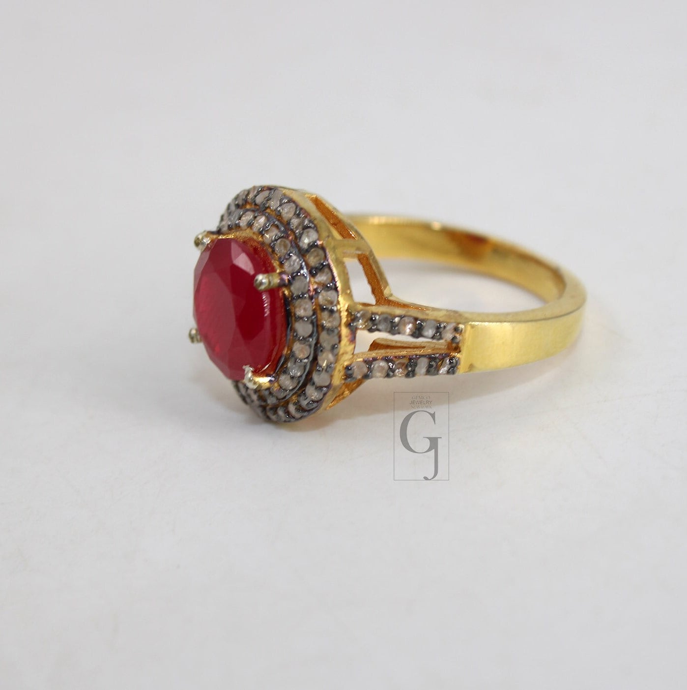 Beautiful 18k Gold Finish 5ct Ruby Ring Designer Rosecut Pave Diamond Rings 925 Sterling Silver Handmade Silver Finish Diamond Ring