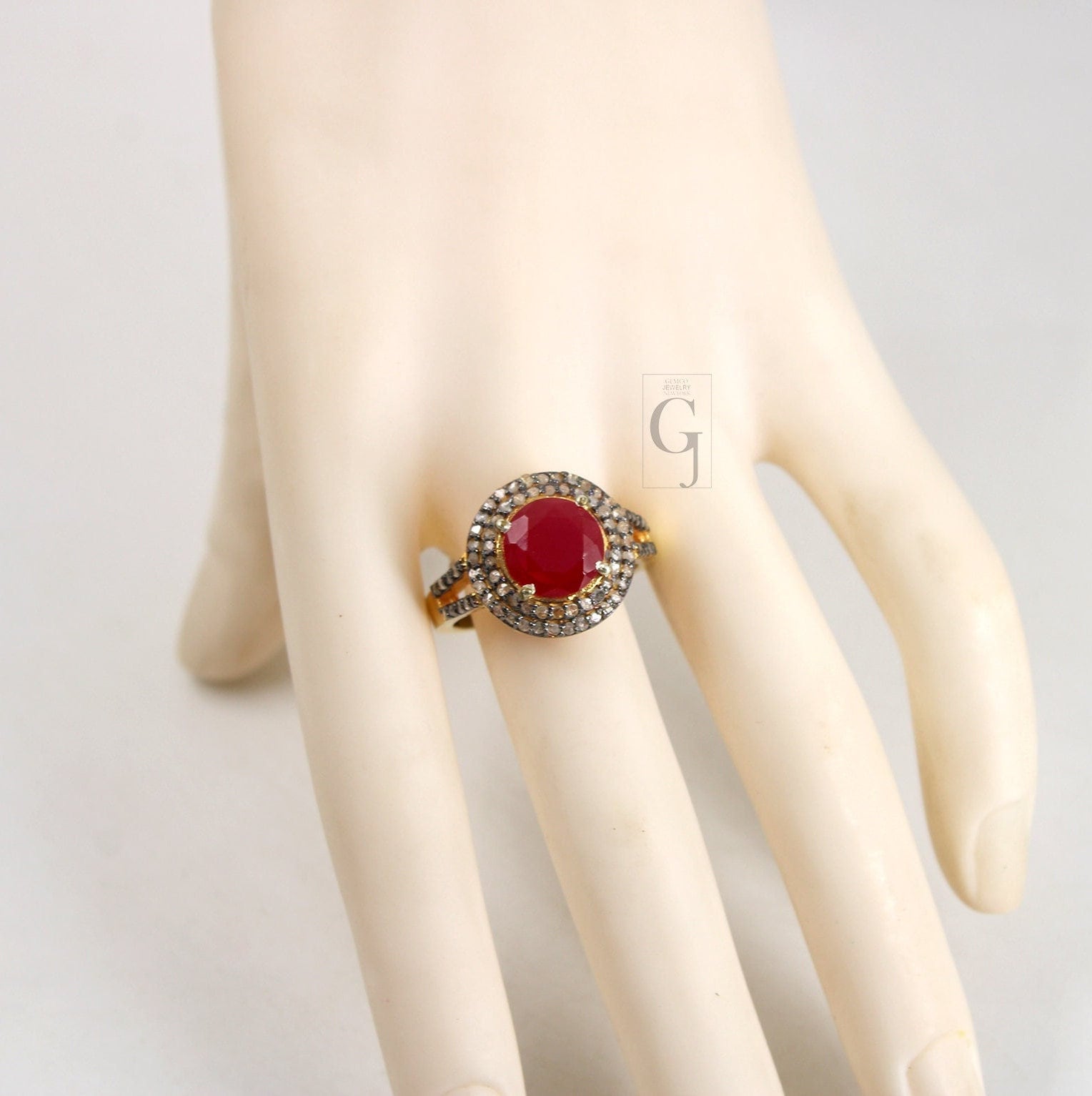 Beautiful 18k Gold Finish 5ct Ruby Ring Designer Rosecut Pave Diamond Rings 925 Sterling Silver Handmade Silver Finish Diamond Ring